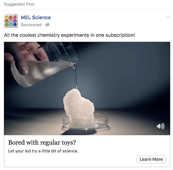 See MEL Science Facebooki reklaam kasutab YouTube'i video klippe.