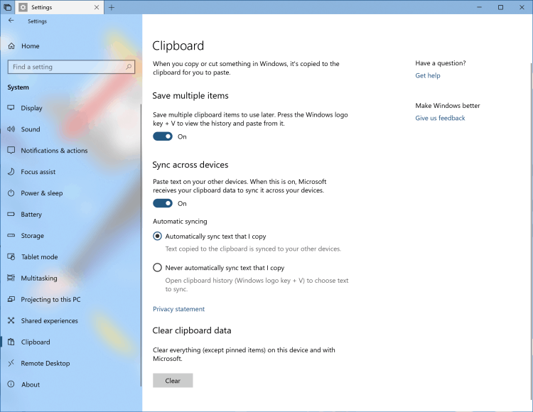Windows 10 RS5 pilv lõikelauale