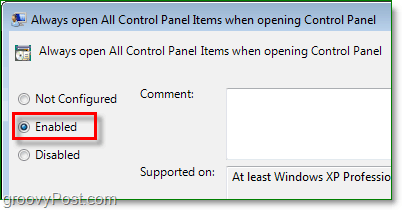 aktiveerimisvalik, et avada Windowsi 7-s alati kõik juhtpaneeli üksused