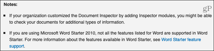Microsofti toe dokumendiinspektori märkused