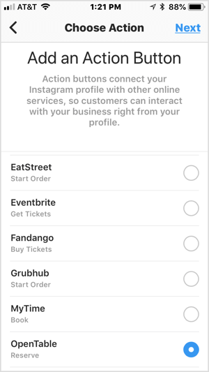 Valige toimingunupp, et lisada see oma Instagrami ettevõtte profiilile.