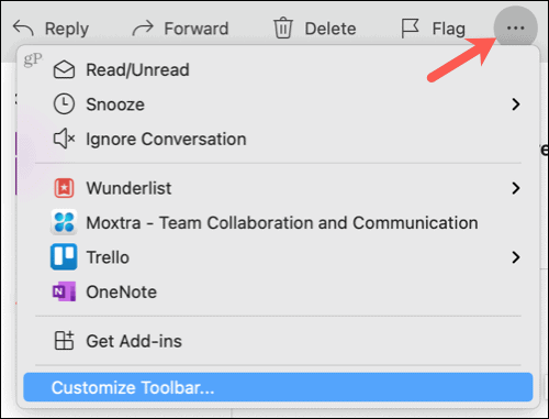 Vaadake Macis Outlookis rohkem üksusi, tööriistariba kohandamist