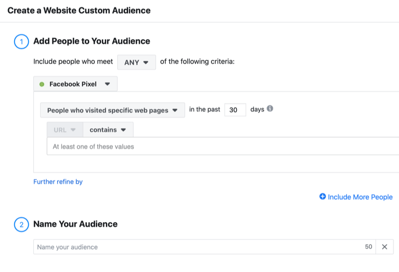 näide facebook loob veebisaidi kohandatud vaatajaskonna menüü koos võimalustega lisada külastatud inimesi konkreetsed veebilehed viimase 30 päeva jooksul, kasutades facebooki pikslit koos võimalusega oma publikule nime anda