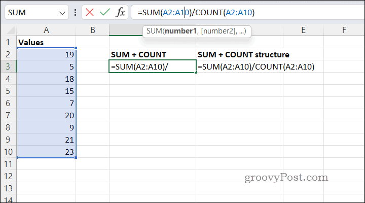Keskmiste arvutamine Excelis SUMCOUNT abil