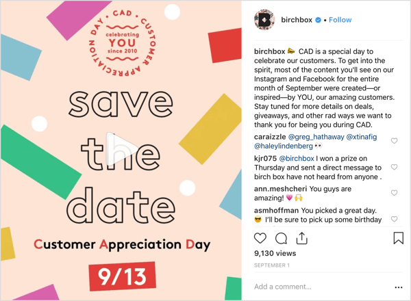 Birchboxi Instagrami konto kostitas järgijaid klientide tunnustamispäeva tähistamiseks tehingute, kingituste ja üllatustega.