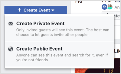 Looge Facebooki sündmuste lehel rippmenüü loend Sündmused