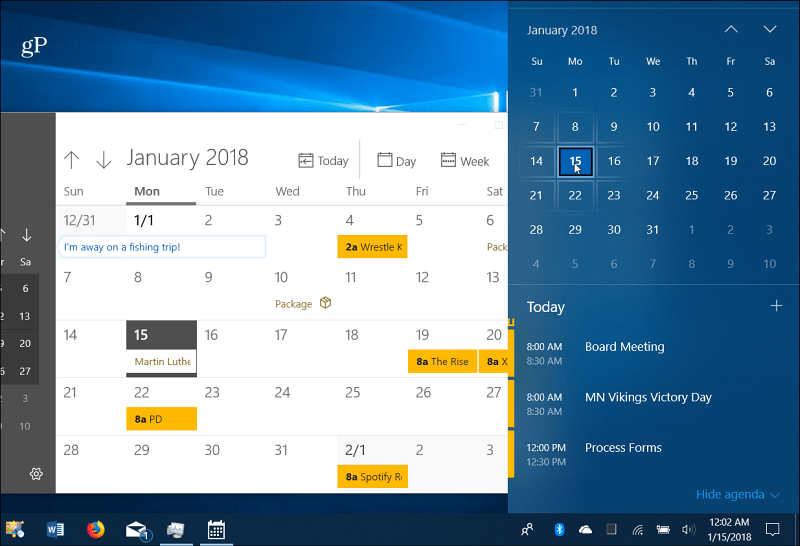 Kalendrisündmused Windows 10 tegumiriba