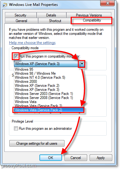 Windows Live'i posti vista ühilduvusrežiim