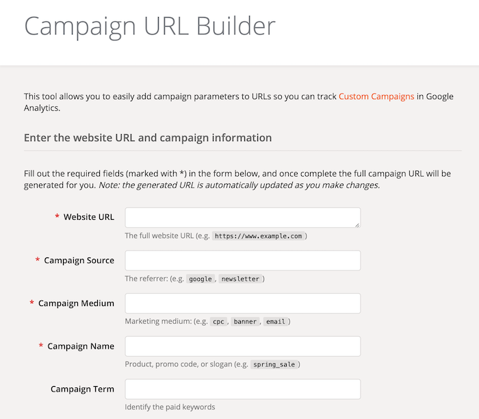 Google Analyticsi kampaania URL-i koostaja vormiväljad