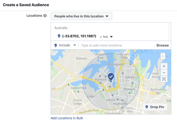 Kuidas oma otseülekannet Facebookis reklaamida, samm 5, võimalus luua salvestatud vaatajaskond sündmuse asukoha põhjal