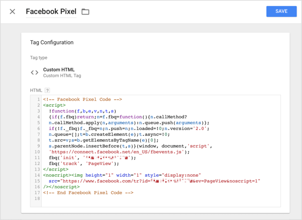 Klõpsake Google Tag Manageris valikut Kohandatud HTML ja kleepige Facebookist kopeeritud jälgimiskood HTML-i kasti.