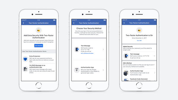Facebook lihtsustas seadistamisvoogu, mis võimaldab kasutajatel luua kaheastmeline autoriseerimine ja välistas konto turvalisuse tagamiseks telefoninumbri registreerimise vajaduse.