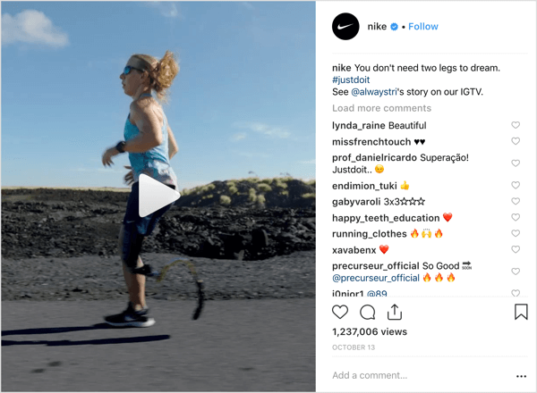 Nike Instagrami postitus, mis reklaamib IGTV-d