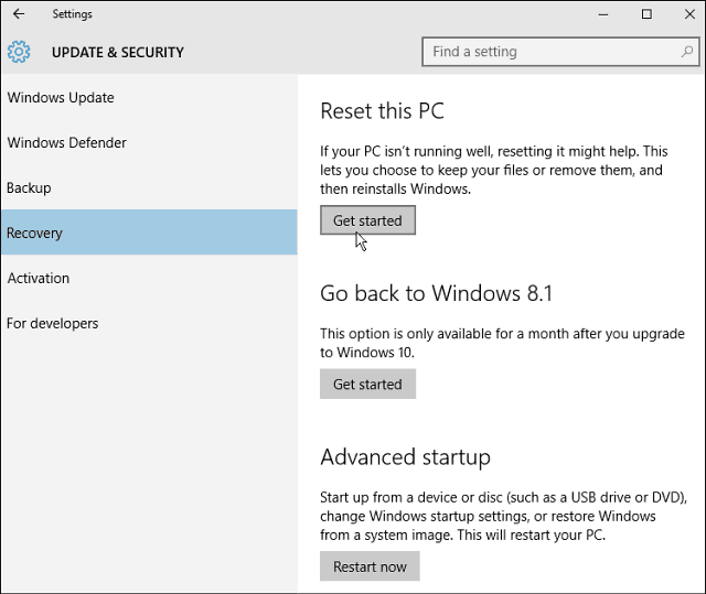 Lähtestage see arvuti Windows 10