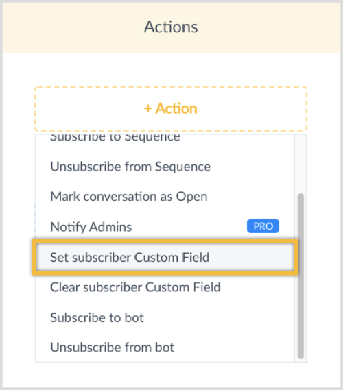 Klõpsake nuppu + Action ja valige Set Subscriber Custom Field.