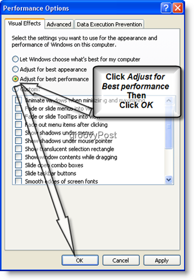 Parima jõudluse tagamiseks Windows XP Adjust
