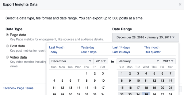 Saate muuta allalaaditavate Facebooki statistiliste andmete kuupäevavahemikku.