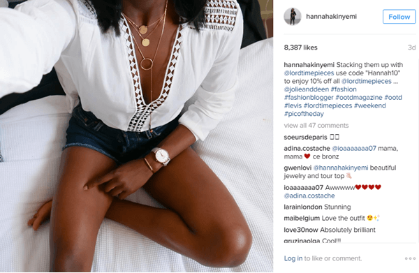 Modell Hannah Akinyemil on Lord Timepiecesi kell koos Instagrami allahindluskoodiga.