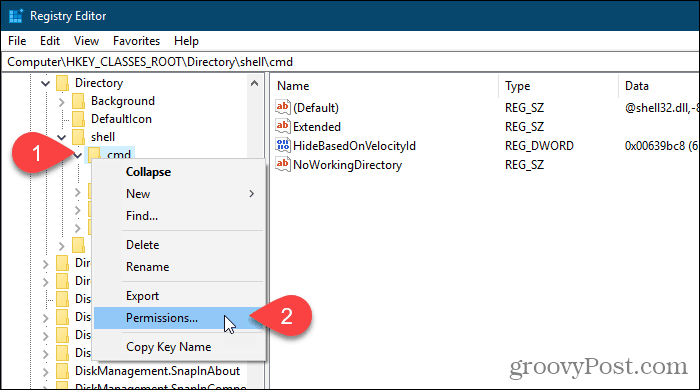Paremklõpsake registrivõtmel ja valige Windowsi registriredaktoris Permissions