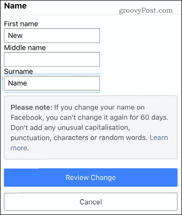 Nime muutmine Facebooki mobiilirakenduses