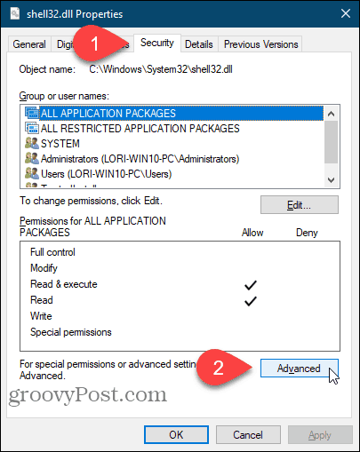 Klõpsake Windowsi registriredaktori dialoogiboksis Atribuudid Täpsemalt