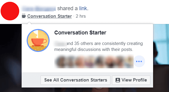 Tundub, et Facebook katsetab uusi vestlusstarteri märke, mis tõstavad esile kasutajaid ja administraatoreid, kes loovad oma postitustega pidevalt sisukaid arutelusid.