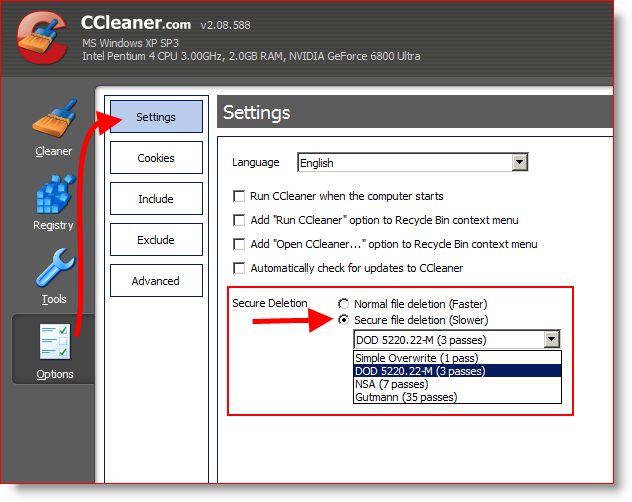 Seadistage CCleaner turvaliselt pühkima ja kustutama faile 3 korda või DOD 5220.22-M
