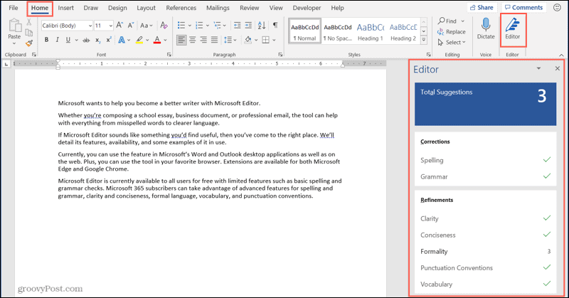 Microsofti redigeerija nupp ja külgriba Wordi töölaual