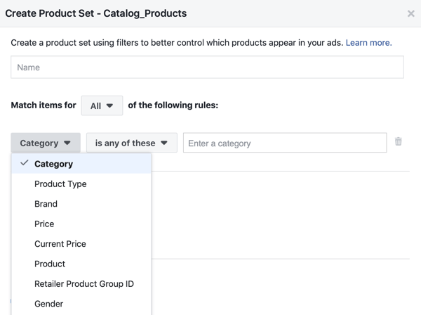 Filtrite rakendamiseks, milliseid tooteid klientidele näidatakse, kasutage Facebooki menüüvalikut Facebooki sündmuse seadistamise tööriist, samm 28