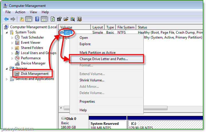 kettahaldusfunktsiooni abil sisestage draivi tähe muutmise dialoog Windows 7-s