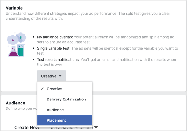 Valige muutujana Paigutus, mida soovite testida Facebooki jagatud testiga