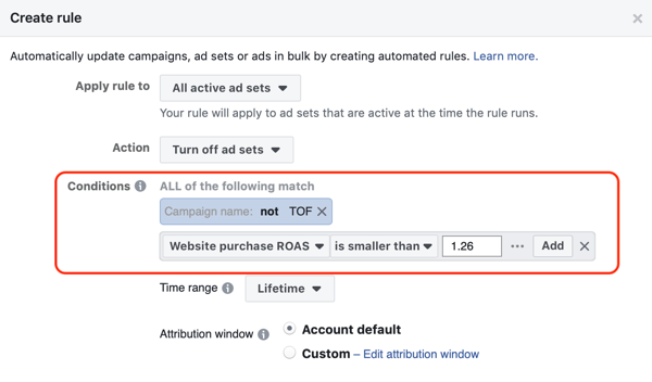 Kasutage Facebooki automatiseeritud reegleid, peatage reklaamide seadistamine, kui ROAS langeb alla miinimumtaseme, samm 3, tingimuste seaded