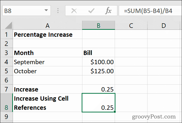 Näide protsentuaalsest tõusust Microsoft Excelis