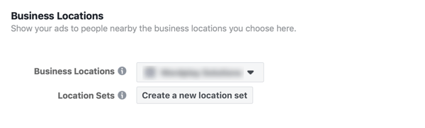 Võimalus luua uus asukohakomplekt oma Facebooki ärireklaami jaoks.