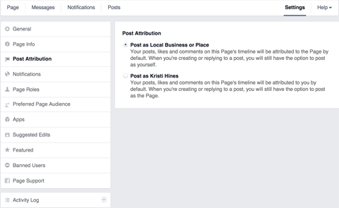 facebooki lehe postituse omistamise seaded