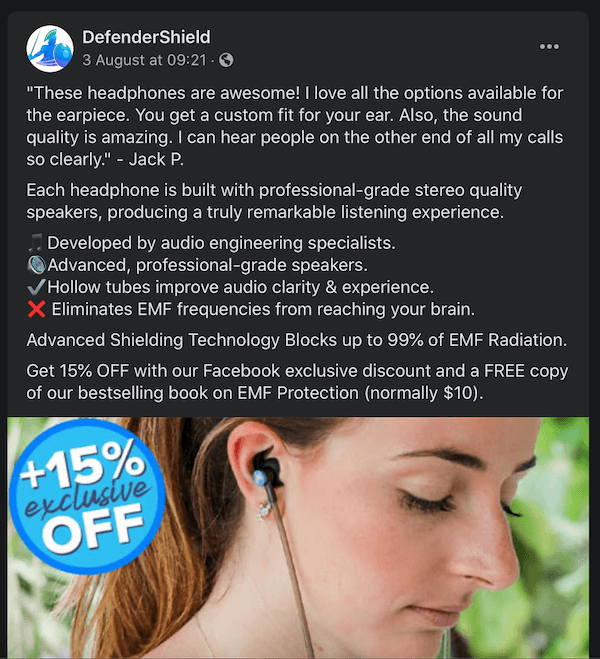 Defershieldi facebooki postitus näitab kõrvaklappidega seotud iseloomustustehnikat