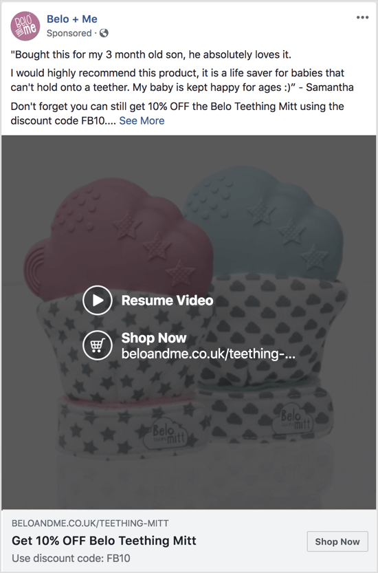 Selles Facebooki reklaamis kasutatakse slaidiseansi videot konkreetse toote allahindluse reklaamimiseks.