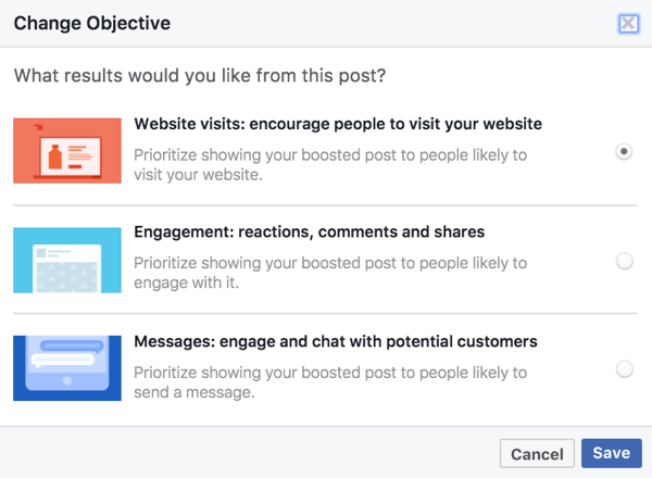 Täiustatud postituste objektiivsed valikud põhinevad teie Facebooki postituses kasutatud meedial.