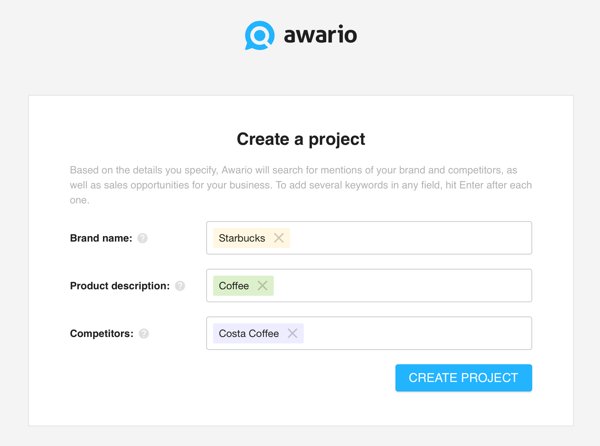 Kuidas kasutada Awario'it sotsiaalmeedia kuulamiseks, looge 1. samm projekti loomiseks.
