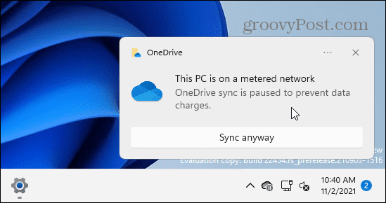 OneDrive'i mõõdetud ühenduse piirangu sõnum
