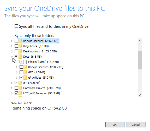 Kuidas valida, milliseid OneDrive'i kaustu sünkroonitakse aknas 10