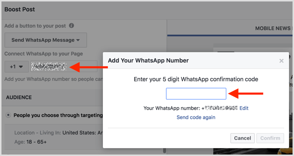 Sisestage SMS-iga saadud kinnituskood, et oma WhatsApp Businessi konto Facebookiga ühendada.
