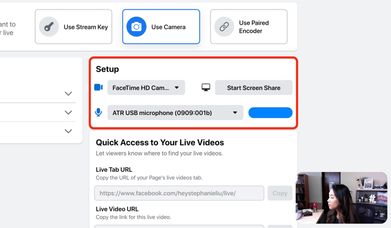 facebooki otseülekande seadistamisvõimalus kaamera ja mikrofoni ja / või ekraani jagamise valimiseks