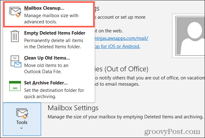 Tööriistad, postkasti puhastamine Outlookis