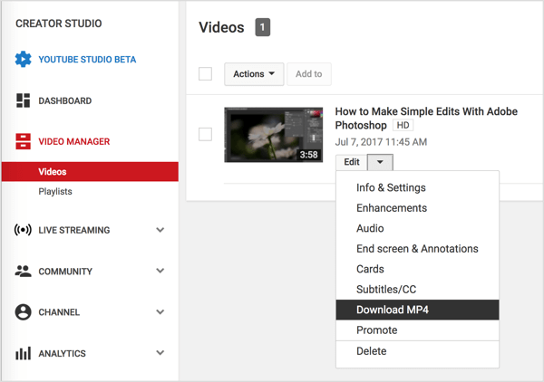 Liikuge videohalduris oma video juurde, klõpsake oma YouTube'i video kõrval nuppu Muuda ja valige Laadi MP4 alla.