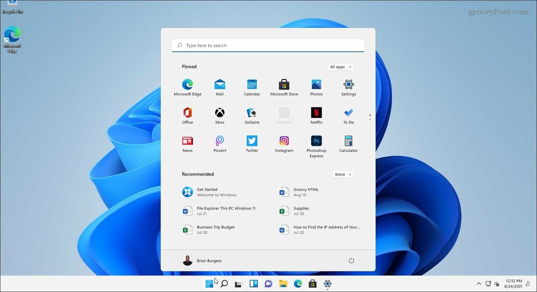 Windows 11 installitud töölaua menüü Start