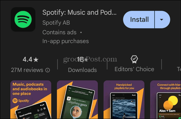 Installige Google Play poest Spotify rakendus