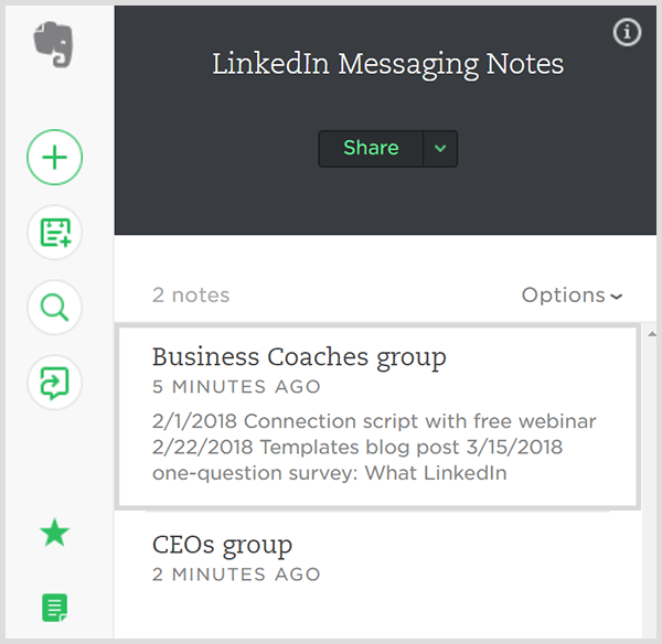 LinkedIni kontaktide rühmadele saadetud sõnumite jälgimine Evernote'is. 