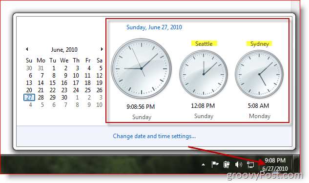 Microsoft Windows 7, mis kuvab täiendavaid kellasid eri ajavööndites